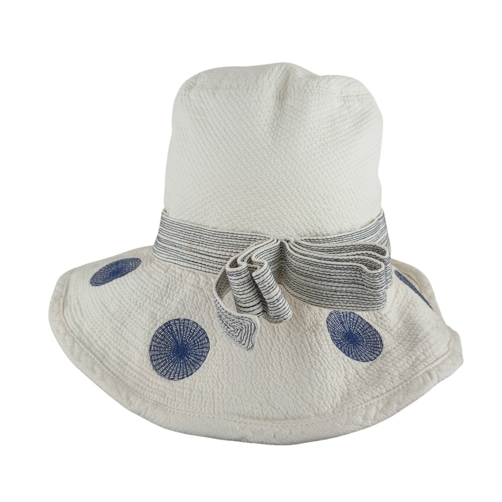 Hoss Intropia Ivory Cotton Sun Hat Blue Embroidered Polka Dot Bow Small